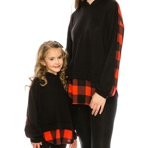 Kids Sweater W/Plaid Contrast Hoodie,